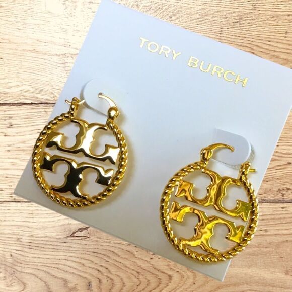 TORY BURCH ROPE DOUBLE T LOGO HOOP EARRINGS 14K GOLD OVER BRASS - Picture 2 of 3